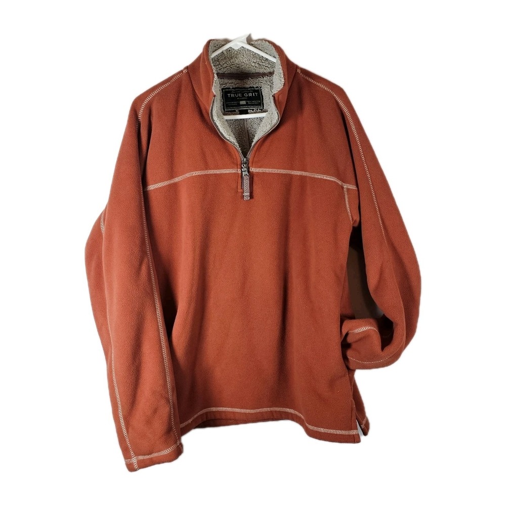True Grit Men Small Faux Sherpa Pullover Jacket 1/4 Zip Orange Rust Warm Outdoor